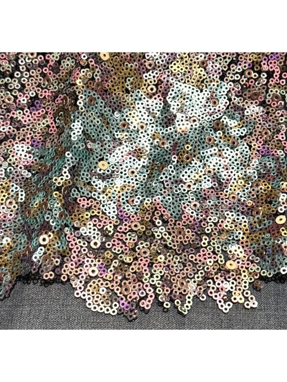 Pastel Iridescent Sequin Fabric with Decorative Edge on Black Mesh Backing